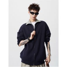 批发【官图】美式撞色拉链开衫毛衣男潮牌复古oversize针织衫外套