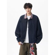 批发【官图】美式复古格子拼接假俩件夹克男老钱风千鸟格立领外套