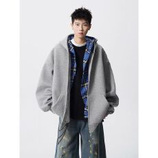 批发【官图】双拉链连帽开衫夹克<b class='q'>男</b>格子拼接潮牌宽松运动<b class='q'>卫衣</b><b class='q'>外套</b>