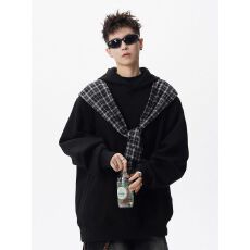 批发【官图】假两件格子披肩拼接连帽<b class='q'>卫衣</b><b class='q'>男</b>潮牌纯色帽衫高街<b class='q'>外套</b>