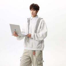 批发【官图】韩系假两件条纹拼接翻领<b class='q'>卫衣</b><b class='q'>男</b>高智感学院风polo衫T恤