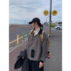 批发【官图】美式复古条纹假两件拼接<b class='q'>卫衣</b><b class='q'>男</b>女春秋季宽松长袖上衣