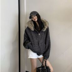 批发【官图】美式条纹毛领连帽长袖<b class='q'>卫衣</b>女秋冬季休闲宽松<b class='q'>开衫</b>外套