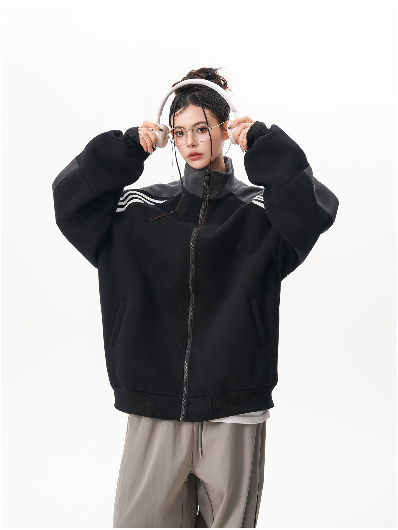 RY1278# 美式复古插肩袖立领卫衣女男宽松休闲运动棒球服情侣