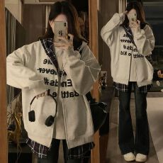 批发【实拍】国潮美式假两件拼接格子连帽卫衣女宽松<b class='q'>情侣</b><b class='q'>开衫外套</b>