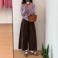 批发复古灯芯绒裤子女大码高腰宽松<b class='q'>九分</b>阔腿裤胖妹妹mm小个子百搭裤裙