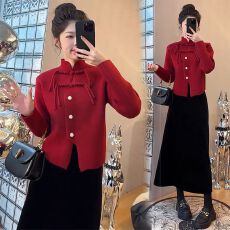 批发抖音品质 秋冬装搭配国风新中式盘扣龙年过年红色毛衣服新年时尚