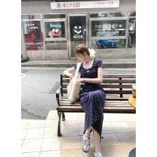 批发【仿棉坑条】纯欲扭结碎花短袖<b class='q'>连衣裙</b>短袖女春夏针织碎花长裙