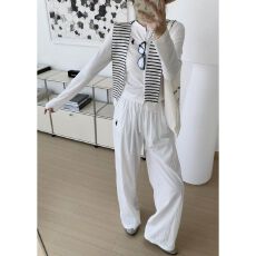 批发老钱风通勤针织开衫阔腿裤披肩三件套休闲套装女