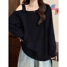 官图 华棉复合 慵懒风露肩长袖显瘦别致斜肩上衣