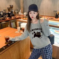 批发新品 美式胖MM大码斜肩套头<b class='q'>卫衣</b>女春季小个子宽松露肩上衣