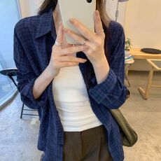 批发官图# 法式复古藏蓝色格子衬衫女宽松慵懒风超好看长袖衬衣上衣