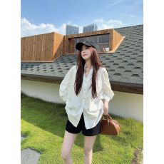 批发宽松polo领白色长袖衬衫女装秋季小众衬衣韩系慵懒松弛感开衫上衣