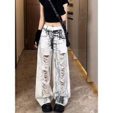 批发夏薄款<b class='q'>大码</b>女装涂鸦破洞阔腿牛仔裤梨形身材显瘦高腰拖地<b class='q'>长裤</b>