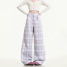 批发【实价 麂皮绒印】 多巴胺紫色格纹休闲裤女穿搭阔腿长<b class='q'>裤子</b>春秋款