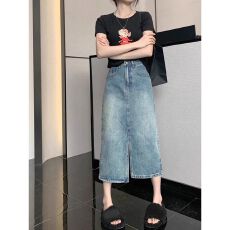 批发复古高腰牛仔半身<b class='q'>裙</b>女夏季新款开叉设计宽松遮肉显瘦a字中长<b class='q'>裙</b>子
