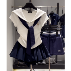 批发撞色海军领披肩拼接假两件T恤云朵<b class='q'>蓬蓬</b>短<b class='q'>裙套装</b>女