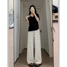 批发蝴蝶结阔腿裤女高腰垂感休闲直筒显瘦蕾丝慵懒条纹裤