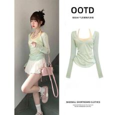 批发天丝罗纹+纯棉罗纹 白色罩衫薄纱上衣女初夏小套装挂脖吊带穿搭