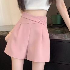 批发粉色西装短裤女夏季薄款大码设计感不规则宽松高腰显瘦阔腿A字裤