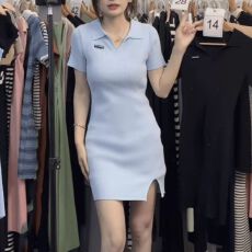 批发纯色<b class='q'>翻领</b>短袖针织<b class='q'>连衣裙</b>女夏季新款纯欲风修身显瘦开叉包臀短裙子