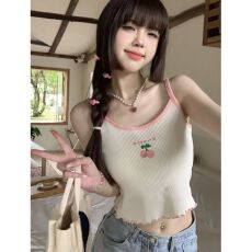 批发小清新纯欲樱桃吊带甜辣妹风工字<b class='q'>可爱</b>撞色短款背心内搭上衣夏新款