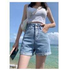 批发高腰大码双扣牛仔短裤女夏季新款<b class='q'>韩版</b>宽松显瘦百搭阔腿卷边热裤