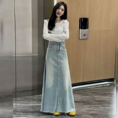 批发浅蓝色气质高腰牛仔半身裙女装2026春季美式大码百搭显瘦a字长裙