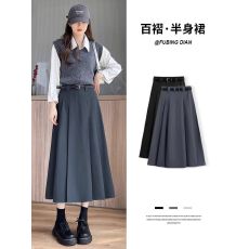 批发TR质量+<b class='q'>隐形</b>拉链+腰带 百褶裙半身裙小众设计感中长款A字裙长裙