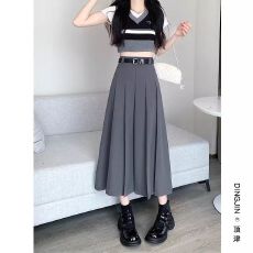 批发斜纹布+<b class='q'>隐形</b>拉链+腰带 百褶裙半身裙小众设计感中长款A字裙长裙