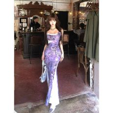 批发原版做法 轻熟风紫色连衣裙女夏季新款收腰<b class='q'>包臀</b>吊带裙蕾丝<b class='q'>长裙</b>子