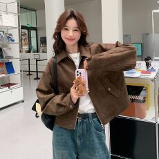批发美拉德短款麂皮绒外套女春<b class='q'>秋</b>装美式复古慵懒chic又酷又飒皮衣夹克