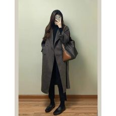 批发美拉德穿搭高级感毛呢大衣<b class='q'>女</b>秋冬加厚过膝中<b class='q'>长款</b>韩系风呢子外套