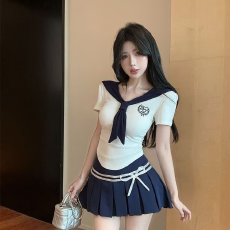 批发夏季海军领上衣短袖女T恤修身jk水手服制服纯欲<b class='q'>工作服</b>套装