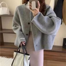 批发圆领短款双面羊毛大衣女2026冬季韩版宽松气质小香风毛呢外套韩系