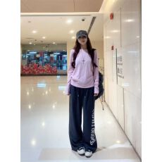 批发美式复古做旧字母印花蓝灰<b class='q'>休闲</b>裤女2026秋季宽松运动跳舞阔腿卫裤
