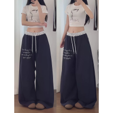 批发大码美式波点拼接字母印花<b class='q'>休闲</b>裤女秋季新款宽松显瘦百搭阔腿裤子