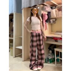批发美式复古撞色格子垂感休闲裤女<b class='q'>夏季</b>新款宽松休闲直筒阔腿百搭长裤