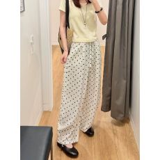 批发米杏色波点亚麻休闲裤女<b class='q'>夏季</b>薄款大码胖mm宽松垂感梨型身材阔腿裤