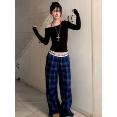 批发美式复古格纹休闲裤女<b class='q'>夏季</b>字母腰带直筒阔腿裤宽松垂感拖地长裤子