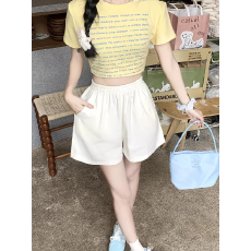批发韩版杏白亚麻短裤女外穿夏小个子<b class='q'>休闲</b>运动宽松高腰A字棉麻阔腿裤