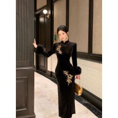 批发新中式国风旗袍气质长袖黑色丝绒<b class='q'>连衣裙</b>女秋冬性感包臀长裙子礼服