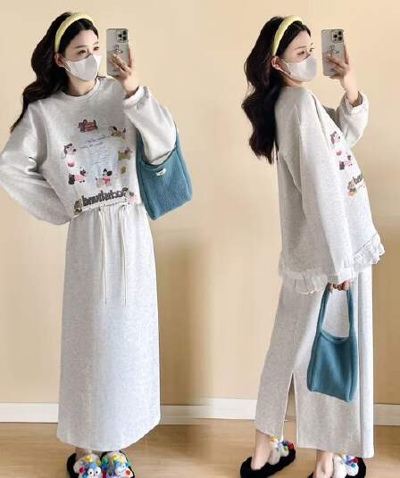 실사 대 물품 봄 가을 루즈핏 패션 순면 레이스 후드티 반신 스커트 임산부 세트