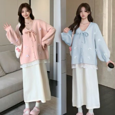批发实拍大货~秋<b class='q'>冬</b>新款重工蝴蝶结蕾丝甜美减龄孕妇上衣+背心裙套装