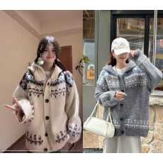 批发2025新款秋冬韩版宽松费尔岛<b class='q'>百搭</b>学院风连帽针织开衫