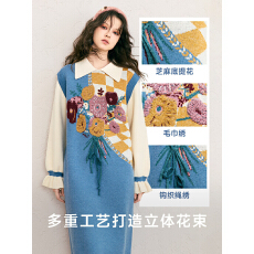 批发大量出货2025<b class='q'>秋</b>冬爆款蓝色花神迷宫中长款假两件孕妇针织连衣裙