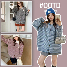 批发孕妇装秋季单排扣圆领百搭减龄韩系复古条纹针织长袖开衫