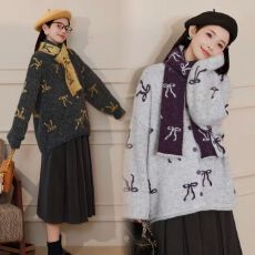 批发2025新款撞色优雅蝴蝶结开衫外套+围巾两件套<b class='q'>孕妇装</b>大码<b class='q'>女装</b>