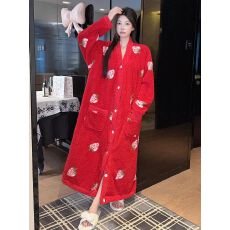 批发爆款新喜庆新年红加厚半边绒开衫长款睡裙