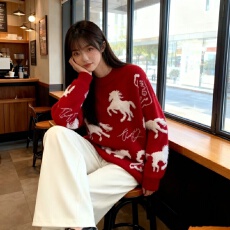 批发秋冬新款季本命年加厚打底衫宽松新年红色毛衣阔腿裤孕妇套装